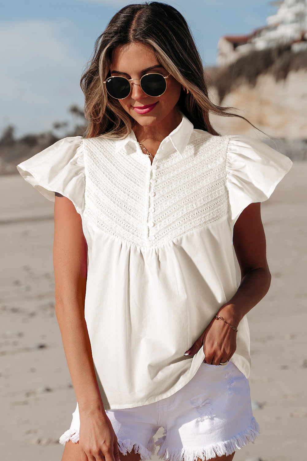 Noor Half Button Lace Flutter Sleeve Blouse-2