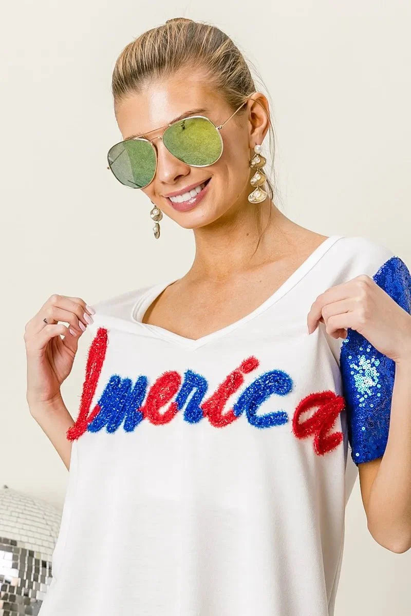 BiBi Metallic Letter V-neck Sequin Sleeves Top-1