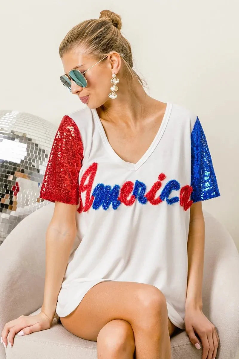 BiBi Metallic Letter V-neck Sequin Sleeves Top-4
