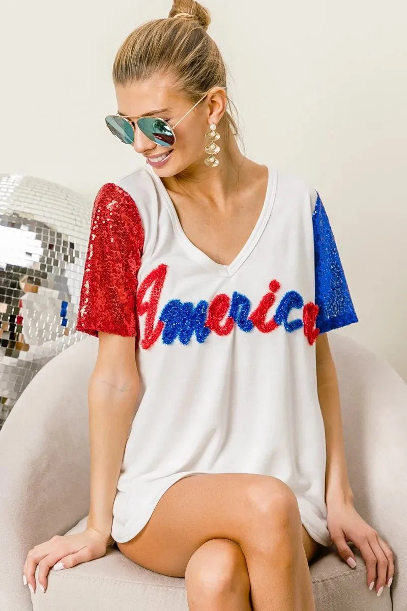 BiBi Metallic Letter V-neck Sequin Sleeves Top-3