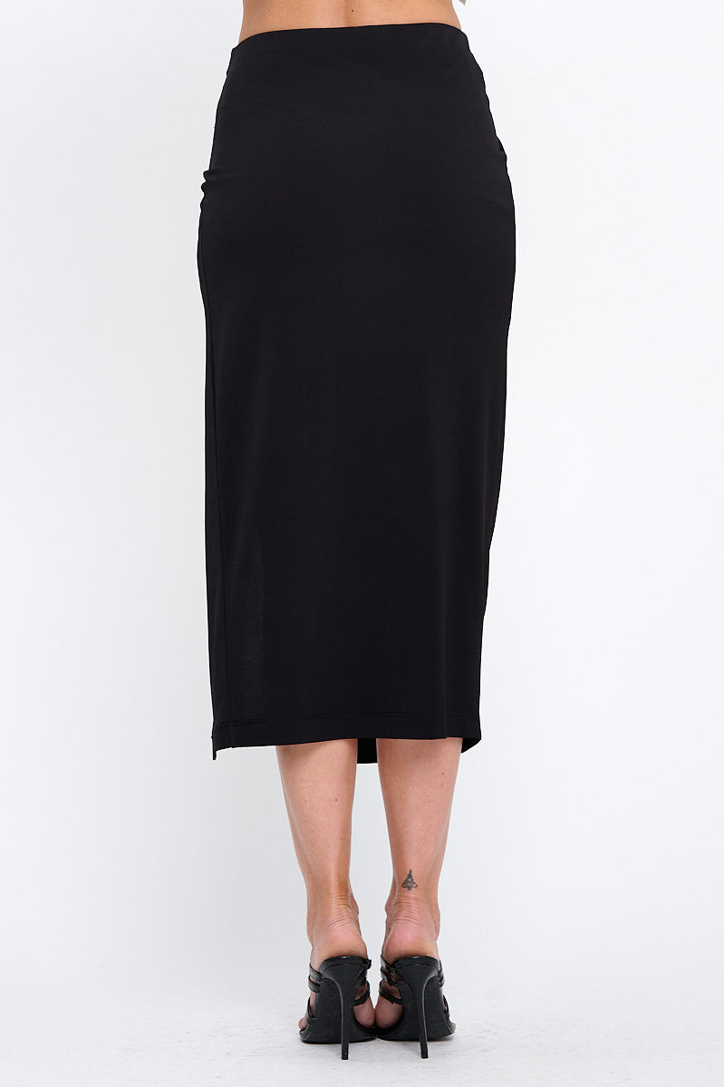 Solid Ruched Midi Skirt with Slit-3