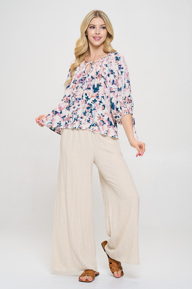 Floral Print V neck Top with Sleeve Tie-4