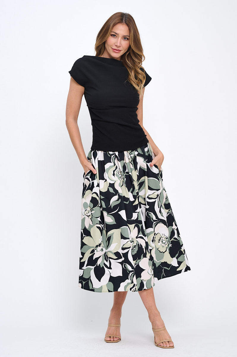 Cotton Floral Print Flowy Midi Skirt with Pockets-5