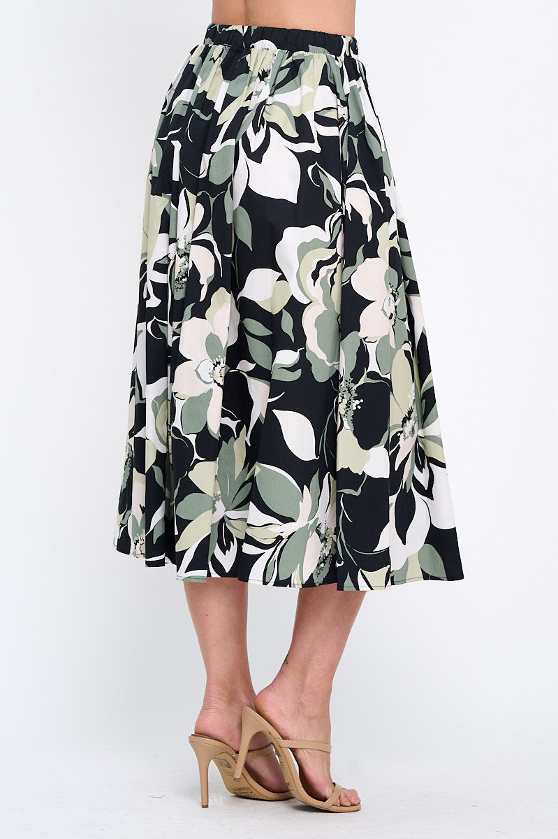 Cotton Floral Print Flowy Midi Skirt with Pockets-2