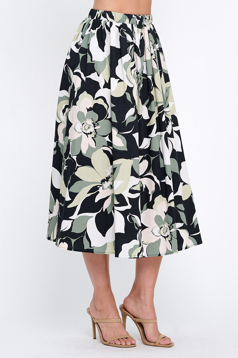 Cotton Floral Print Flowy Midi Skirt with Pockets-1