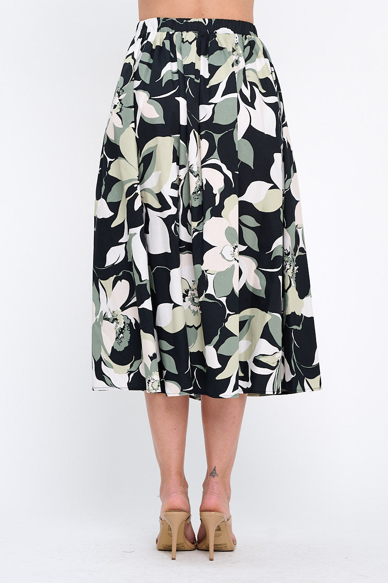 Cotton Floral Print Flowy Midi Skirt with Pockets-3