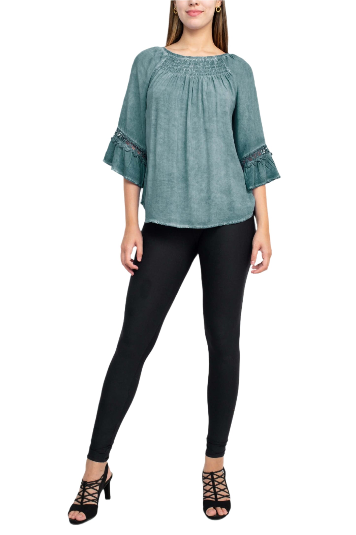 Floral + Ivy Round Neck 3/4 Sleeve Ruched Neck Rayon Top-3