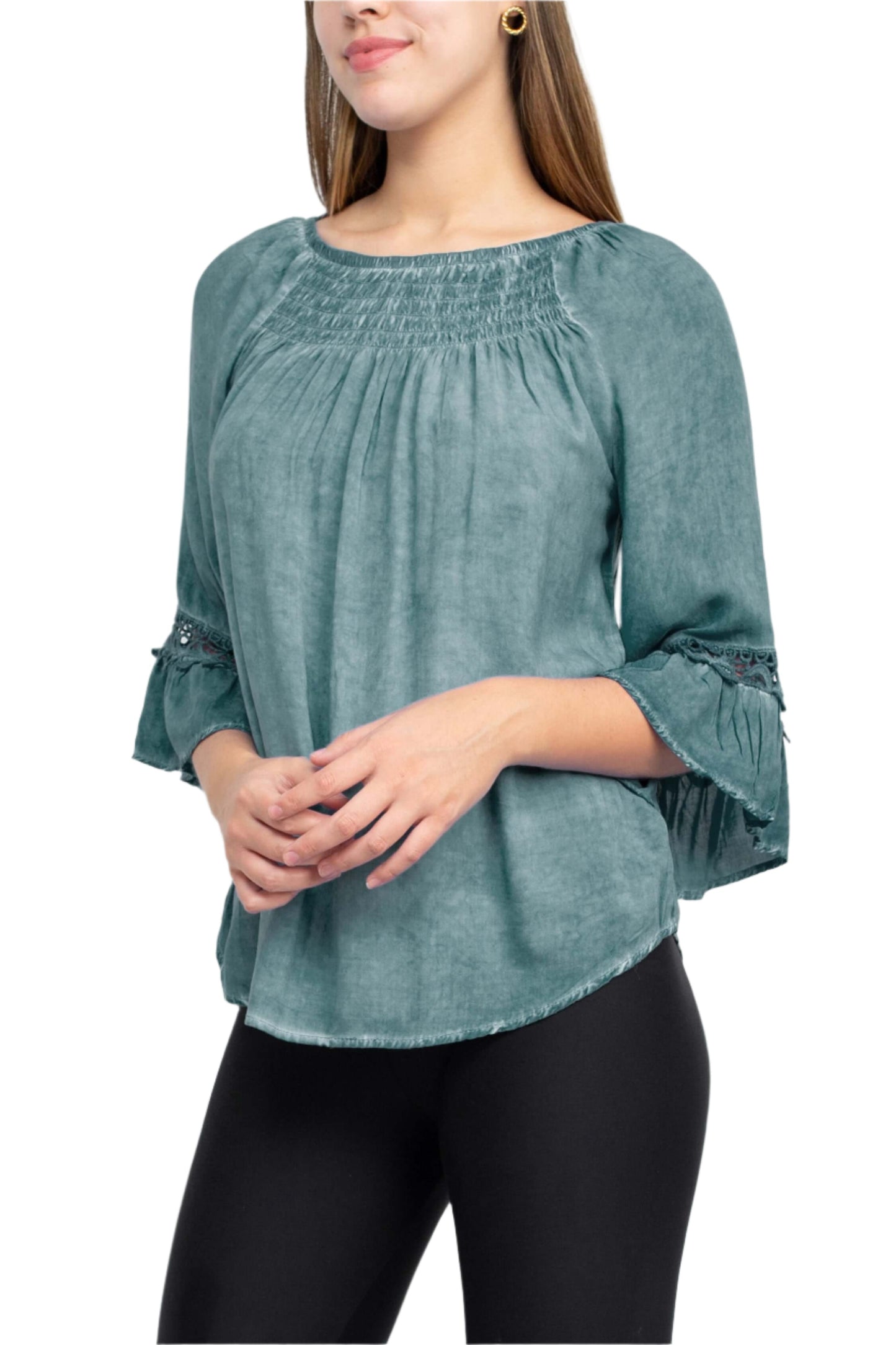 Floral + Ivy Round Neck 3/4 Sleeve Ruched Neck Rayon Top-1