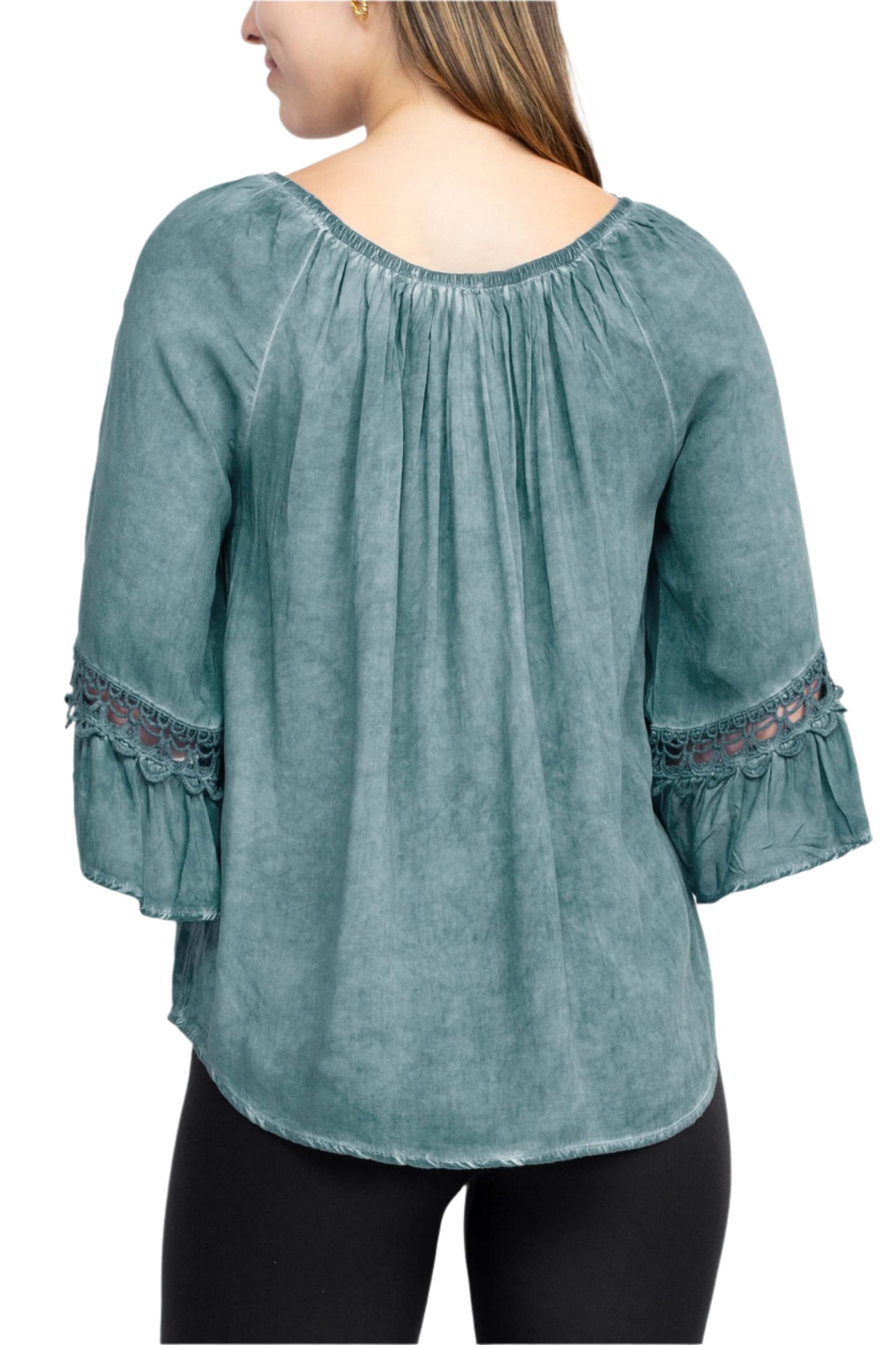 Floral + Ivy Round Neck 3/4 Sleeve Ruched Neck Rayon Top-2