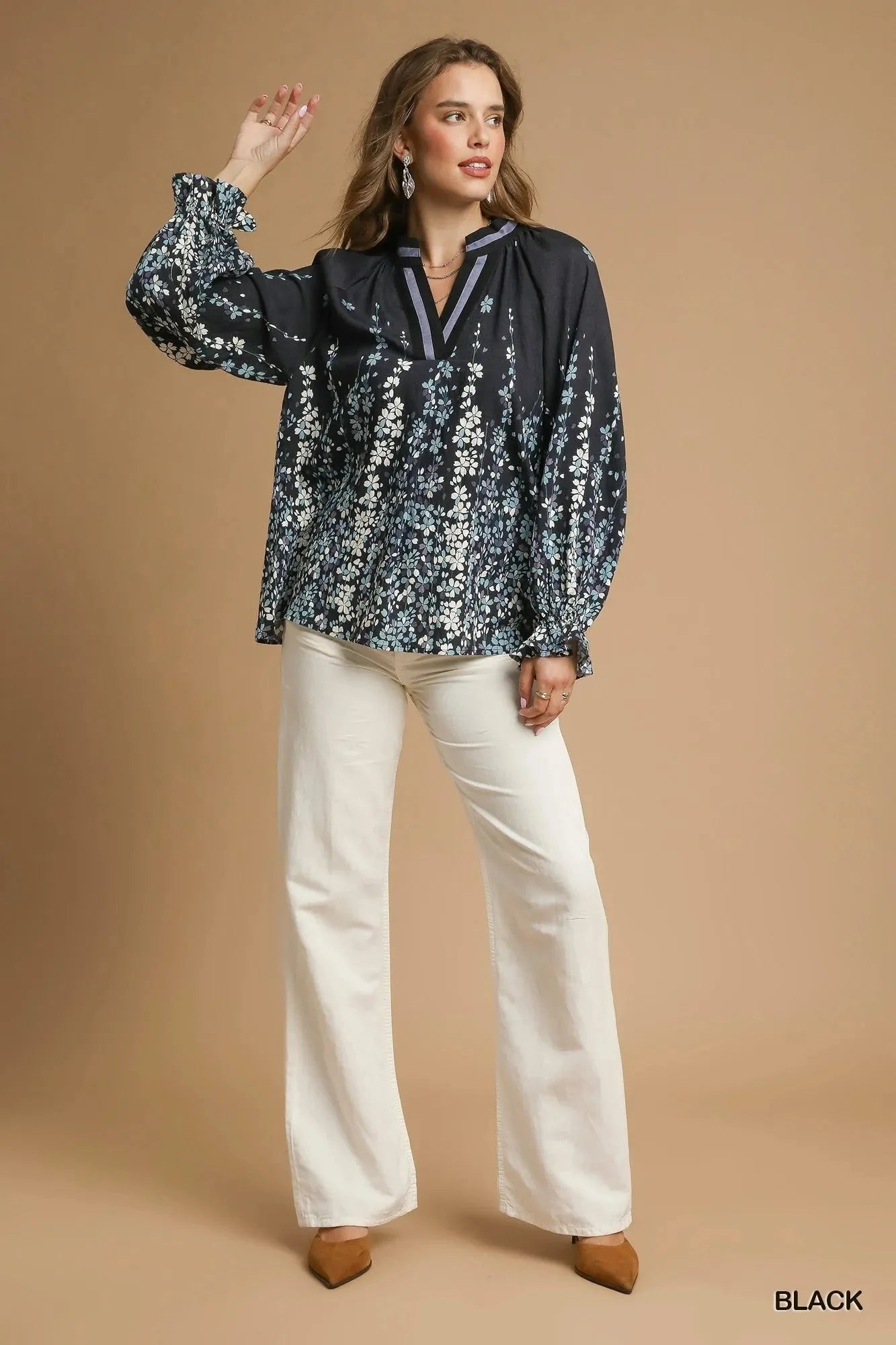Umgee Full Size Floral Vine Print Blouse with Balloon Sleeves Plus Size-1