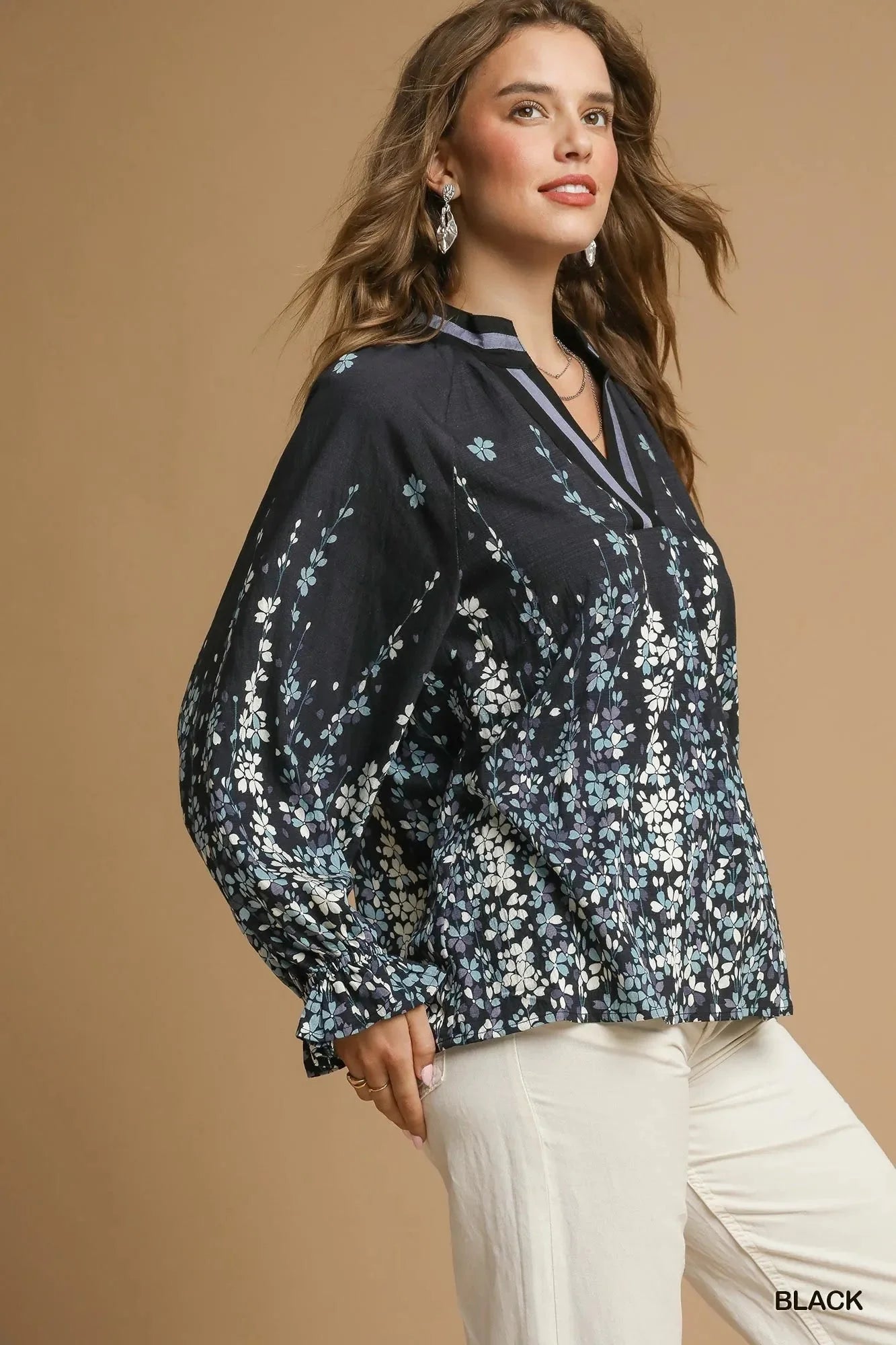 Umgee Full Size Floral Vine Print Blouse with Balloon Sleeves Plus Size-3