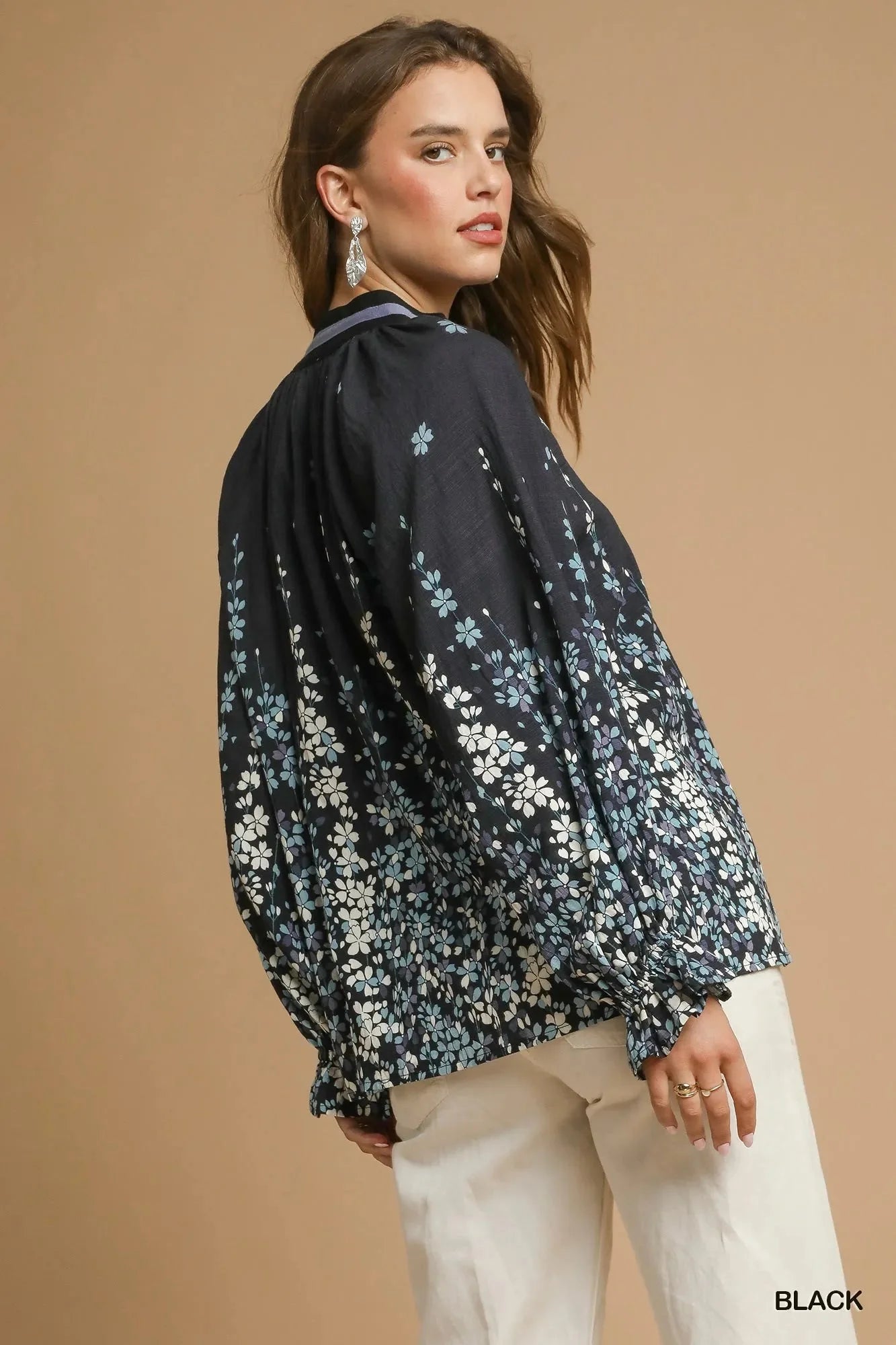 Umgee Full Size Floral Vine Print Blouse with Balloon Sleeves Plus Size-2