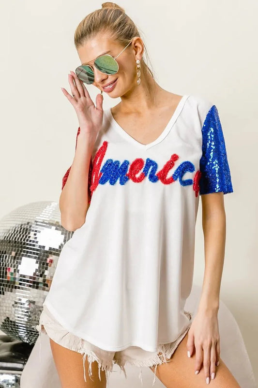 BiBi Metallic Letter V-neck Sequin Sleeves Top-0