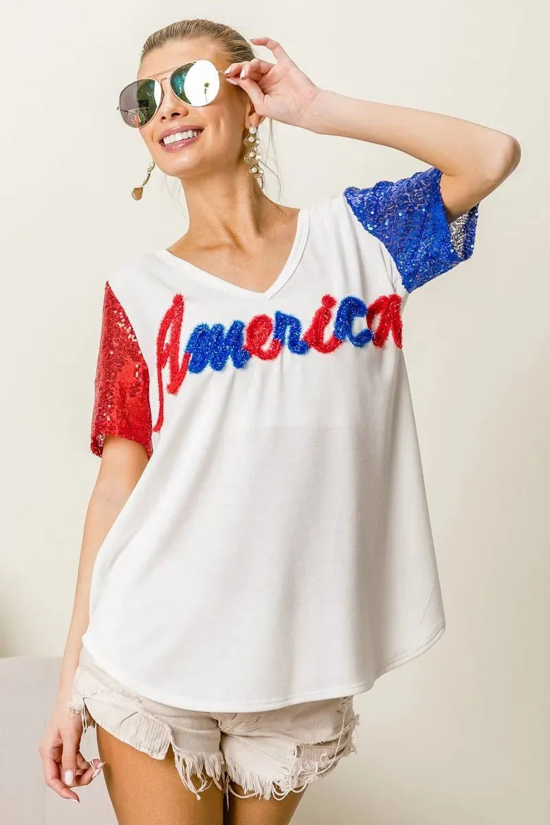 BiBi Metallic Letter V-neck Sequin Sleeves Top-2