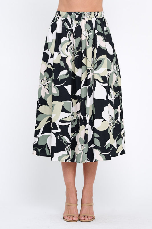 Cotton Floral Print Flowy Midi Skirt with Pockets-0