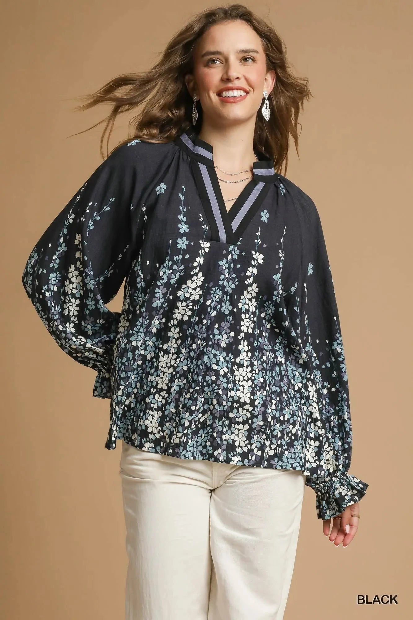 Umgee Full Size Floral Vine Print Blouse with Balloon Sleeves Plus Size-0