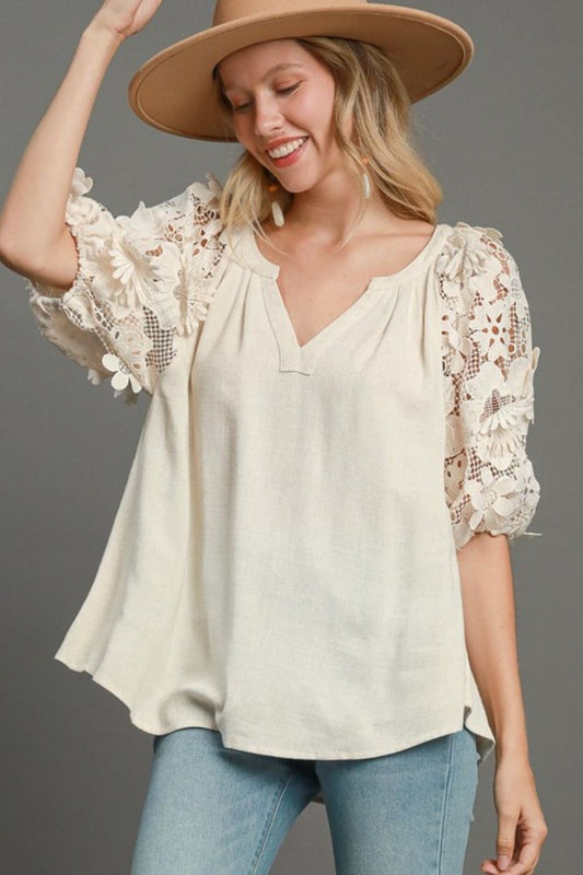Umgee Full Size French Terry Boxy Cut Top with 3D Floral Sleeve Plus Size-0